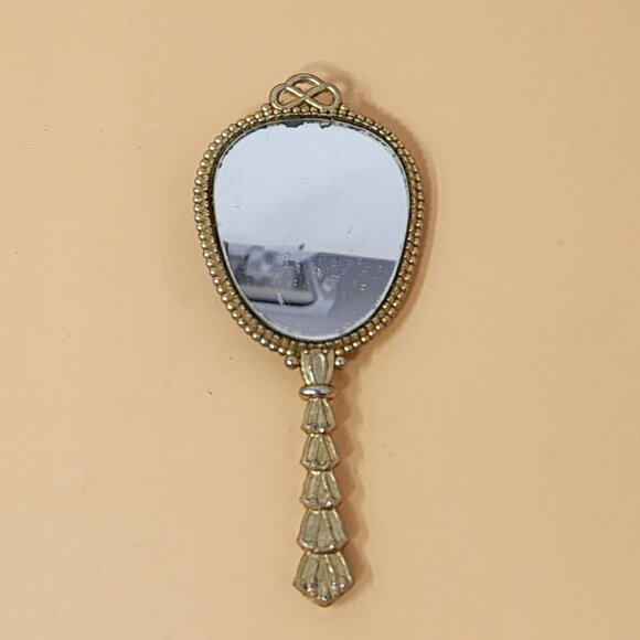 Vintage Handheld Vanity Mirror With Embroidered Pink Roses & Gold Beaded Trim - Picture 2 of 9